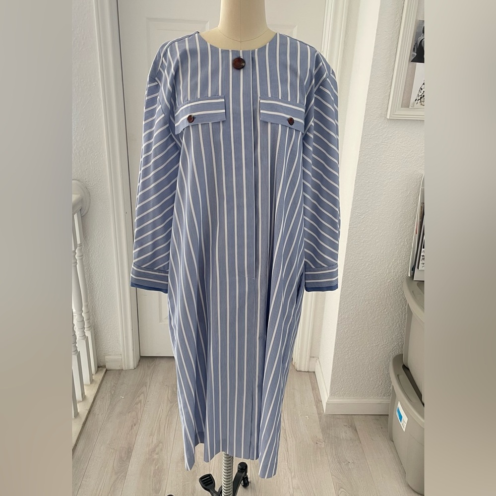 🆕 a love a Blue and White Striped Long sleeve midi Dress